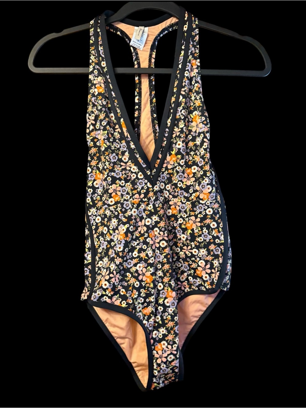 BCBGeneration Juniors Racerback One Piece Swimsuit Black Floral Print NWT